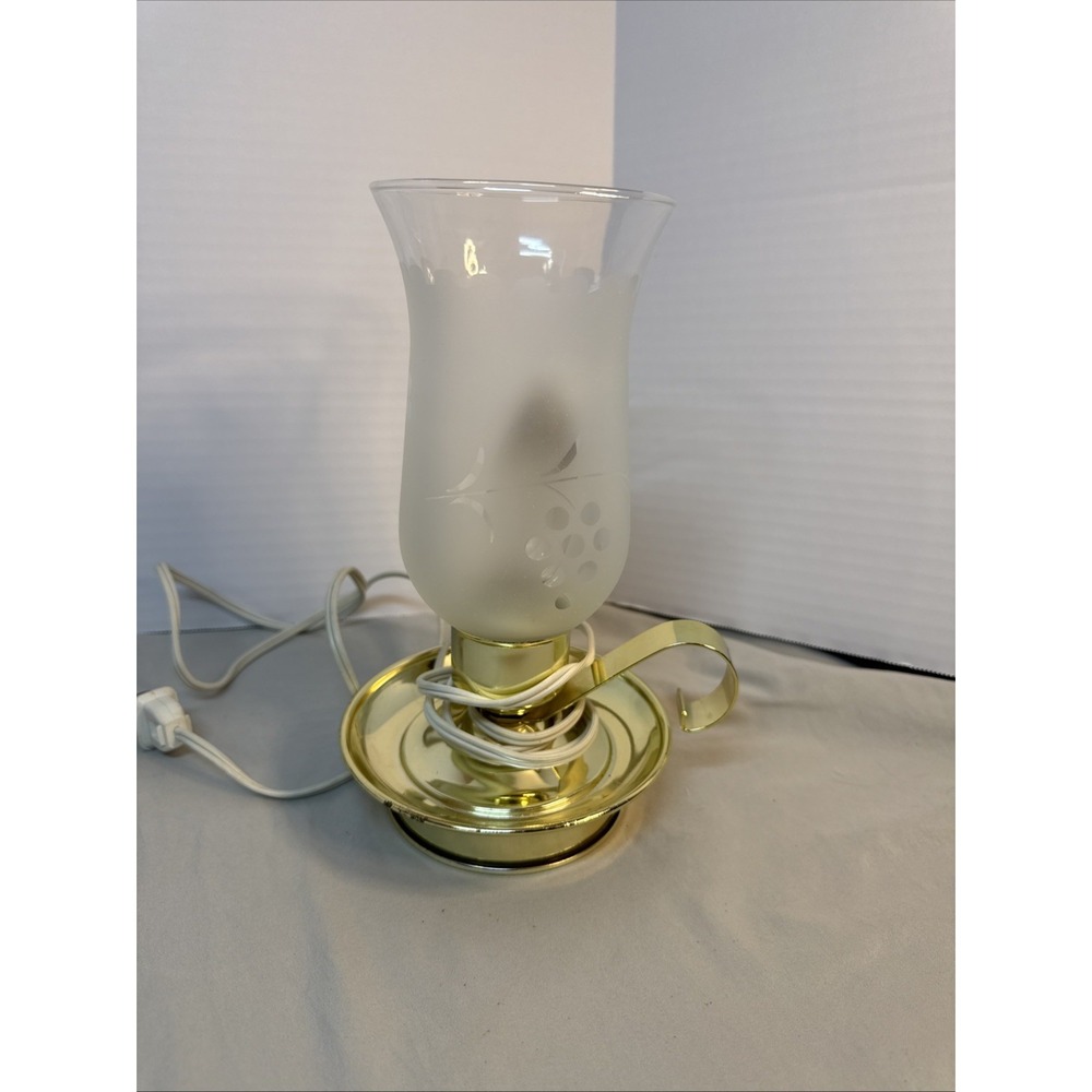 Vintage Brass Plated Hurricane Chamber Lamp Etched Frosted Glass Shade 9" Works